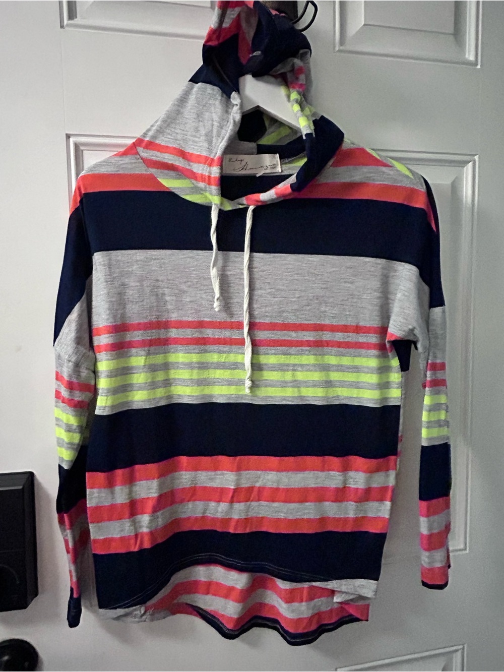 Vintage Havana Navy Gray Coral & Neon Yellow Striped Hooded Sweatshirt